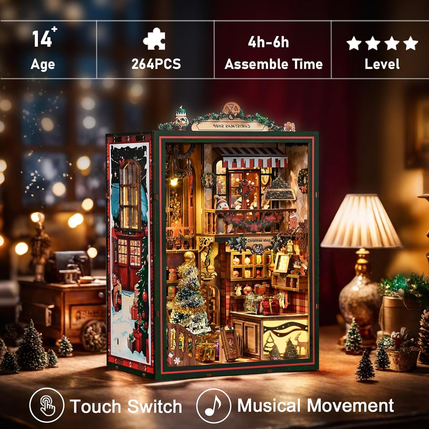 ISSEVE Book Nook Kit - DIY Miniature House Kit for Adults Teens Beginners, Christmas Dollhouse Booknook with Music Mechanism Tiny House Bookshelf Decoration 3D Wooden Puzzles (Christmas Shop)