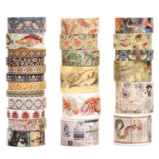 Vintage Washi Tape Set - 24 Rolls Arts Adhesive Tapes Assorted Retro Decorative Masking Tape Sets for Craft, Kids, Scrapbook, DIY, Gift Wrapping (3-Ocean Odyssey)