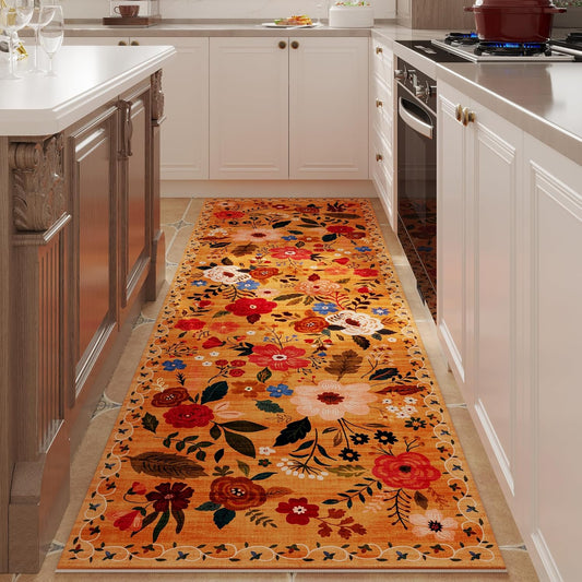 Rugcomf Runner Rug for Hallways Kitchen Rug Non Slip 2'6''x8' Washable Runner Rugs with Rubber Backing Soft Floral Carpet Runner for Hallways, Kitchen, Laundry, Bedroom, Bathroom(Yellow)