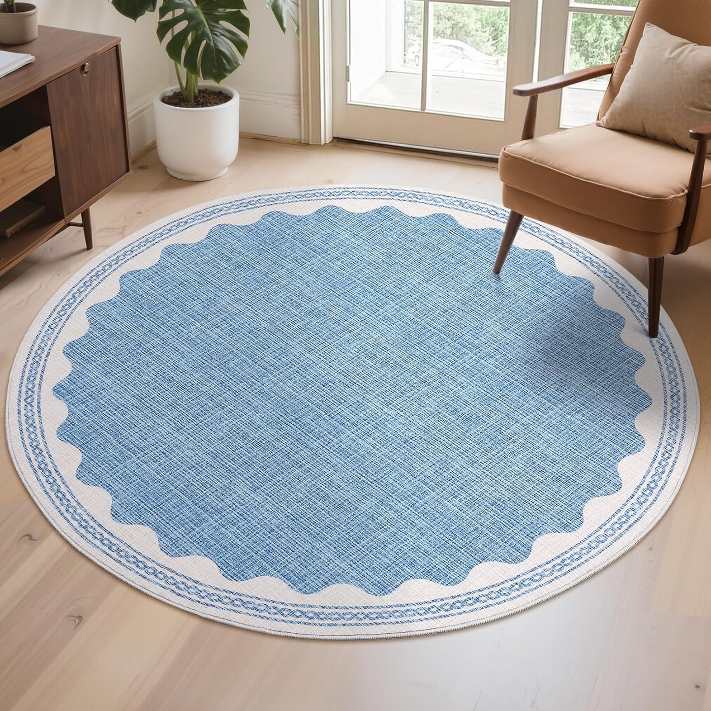 Scalloped Round Rug 6ft, Small Area Rugs Solid Blue Rug for Bedroom Girls, Washable Rugs for Living Room, Non Slip Scalloped Round Bath Mat, Soft Dorm Nursery Carpet for Bedside
