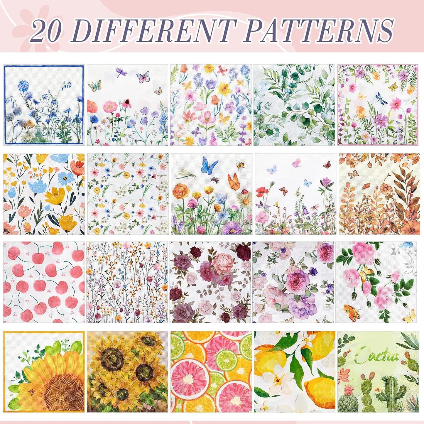 Crtiin 20 Pack Assorted Floral Napkins for Decoupage Toilet Napkins Flower Cocktail Decorative Paper for Birthday Party Beautiful Gorgeous, 20 Styles Each 6.5 inches(Style 8)