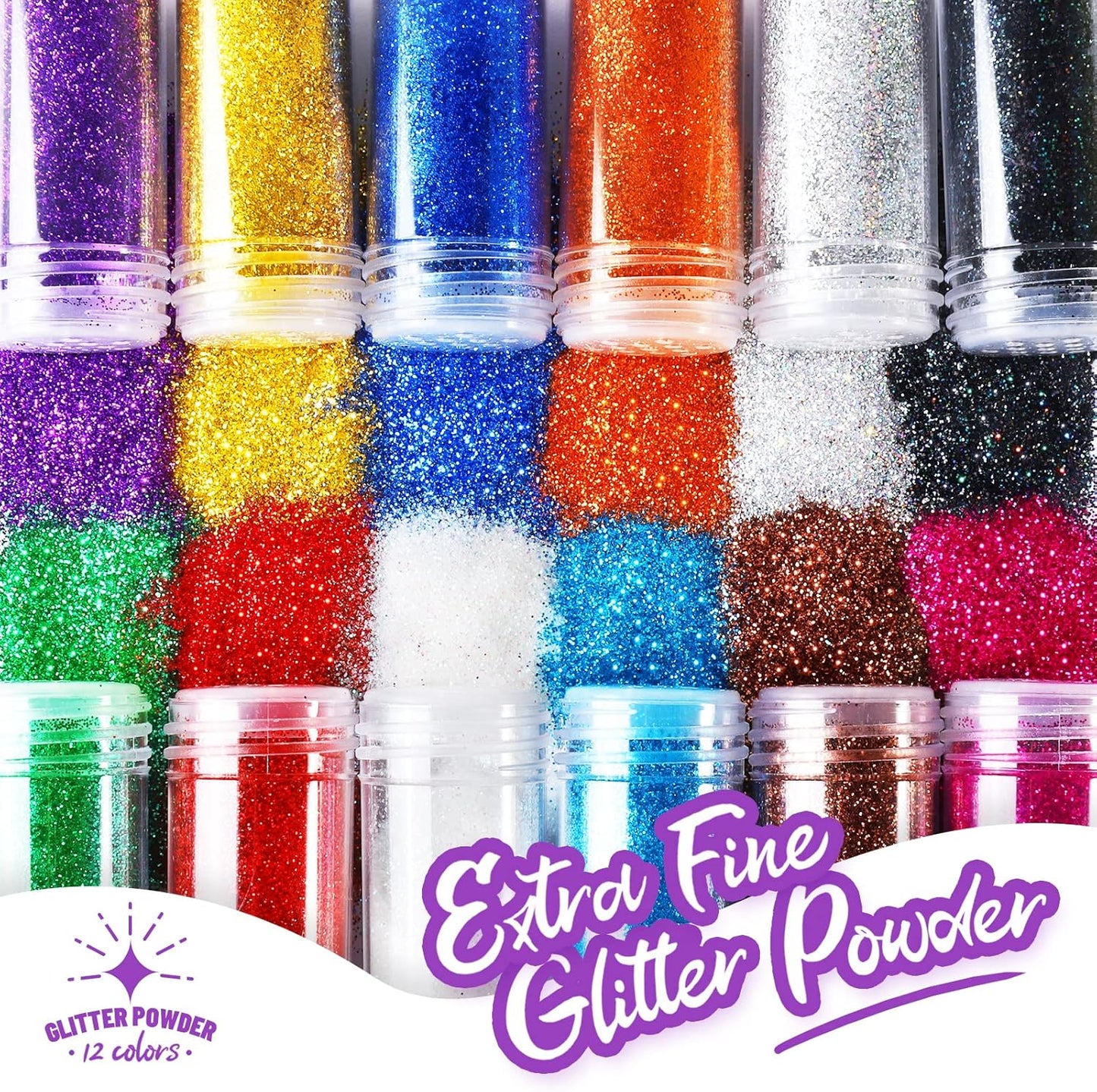 FANDAMEI 12 Pieces Fine Glitter, 12 Colors 10g Glitter Shake Jar Set, Extra Fine Glitter Powder for Arts, Crafts, Painting, Decoration, Body Face Makeup, Nail Art, Pigment