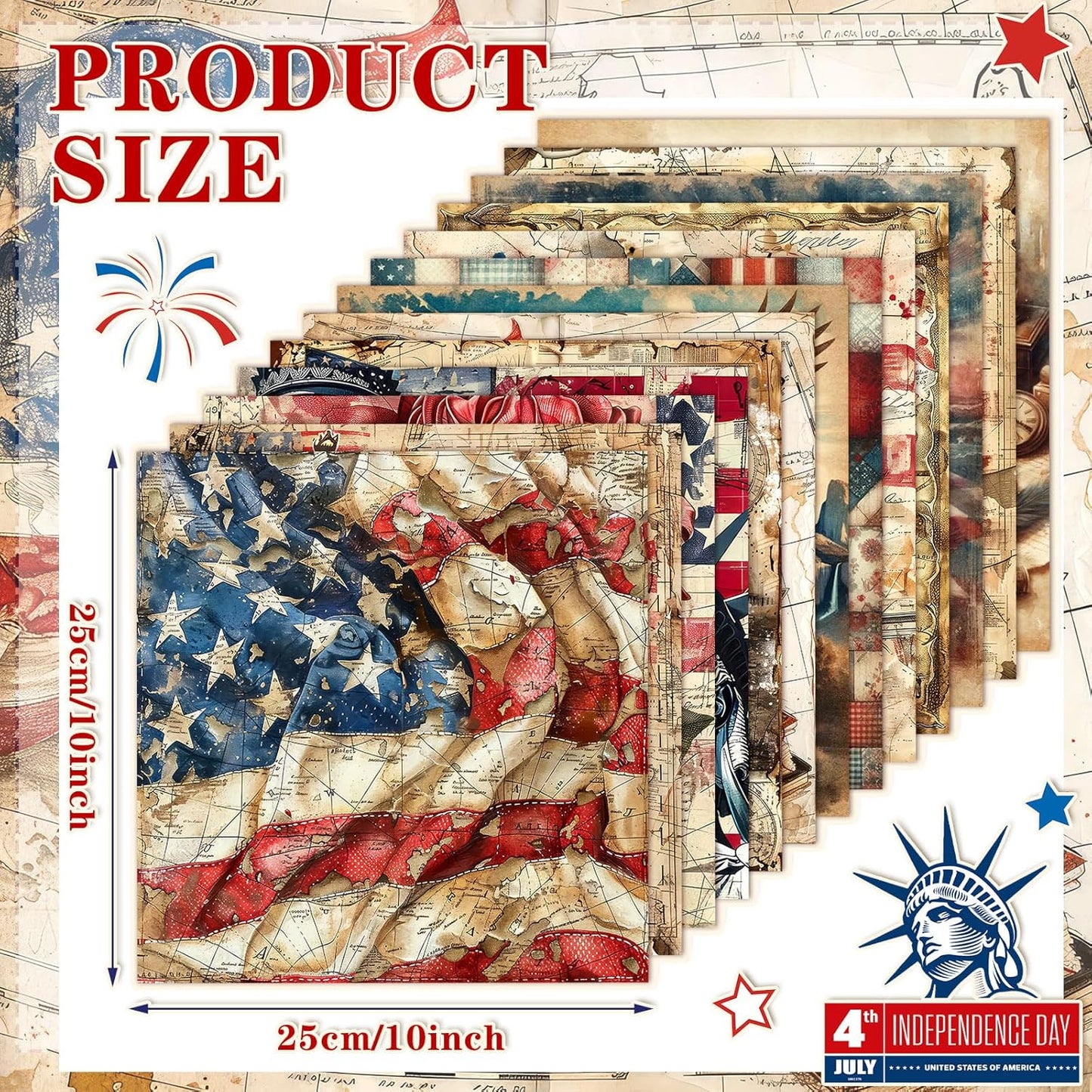 Ganeen 60 Pcs 10 x 10 Inch Vintage Patriotic Quilting Fabric Squares American Flag Fabric Bundle Retro 4th of July Fat Patchwork Precut Stripes for Memorial Day Handmade Material Sewing DIY Crafts
