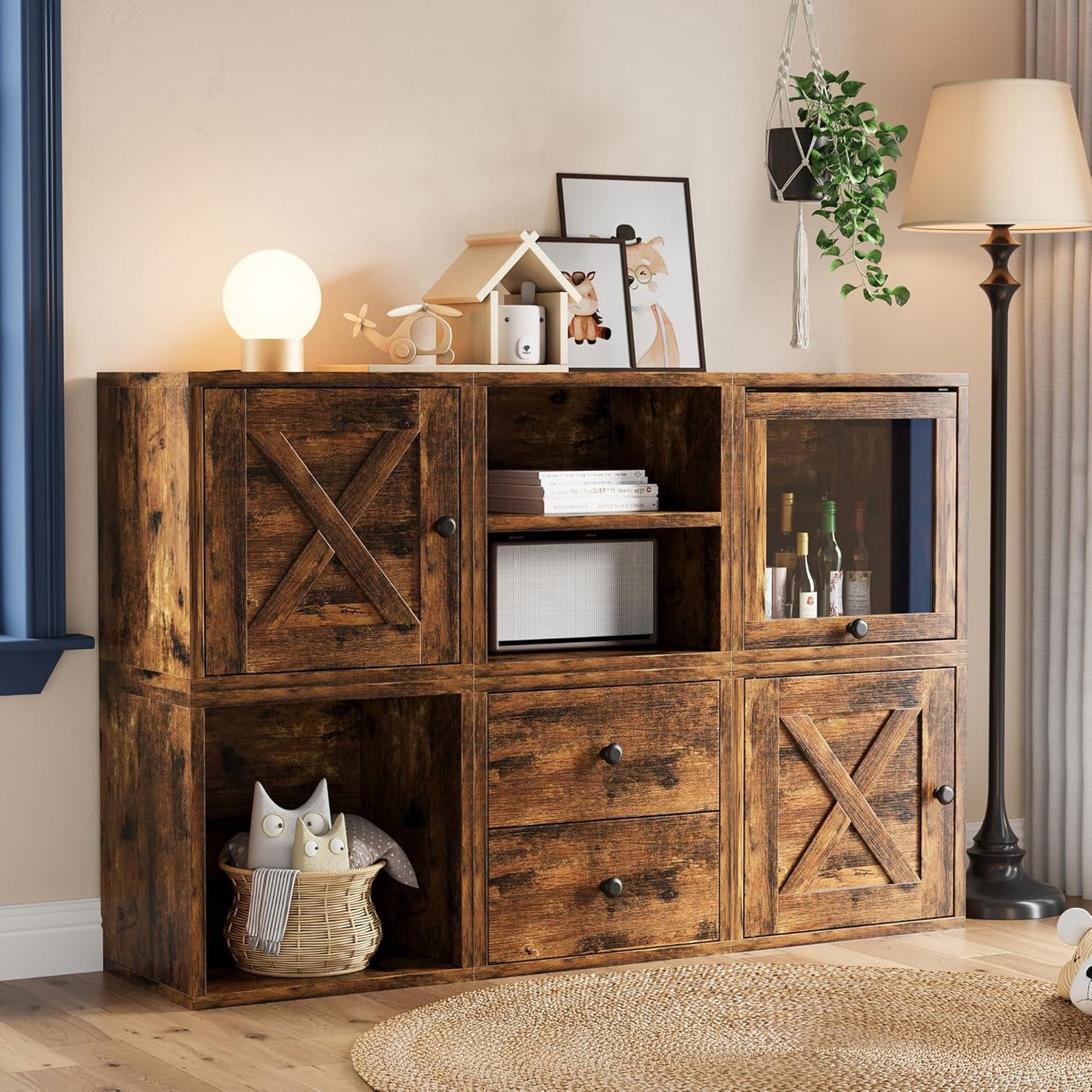 FUSUNBAO Magic DIY Cube Storage Organizer Stackable Cubes for Home Books Clothes Toy-Modular Cubby Storage System-Office Cubical-Bookcase Closet(Antique Brown, Glass Door Cube)