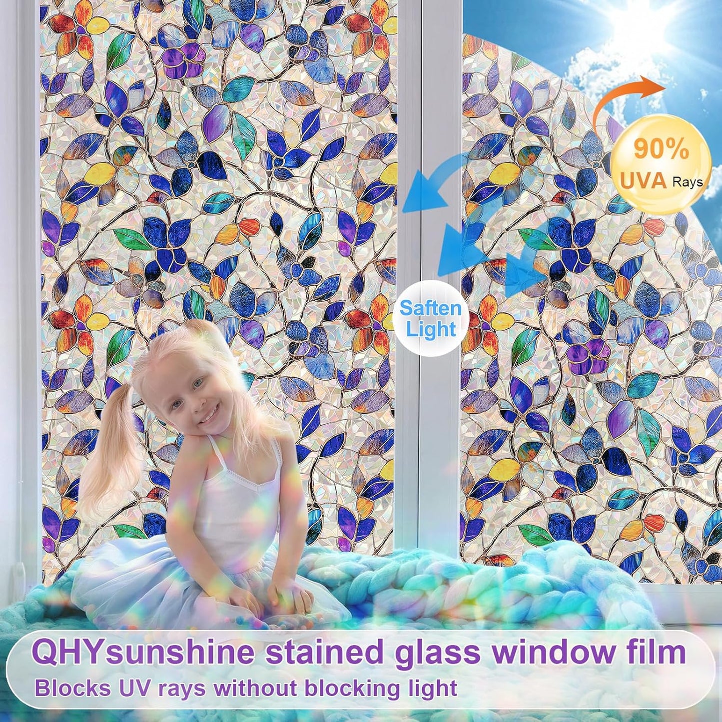 Stained Glass Window Privacy Film Decorative Rainbow Static Clings – Ideal for Home & Office, Adhesive-Free, Removable, UV-Blocking (Purple Rainbow, 17.5 X 78.7 in)