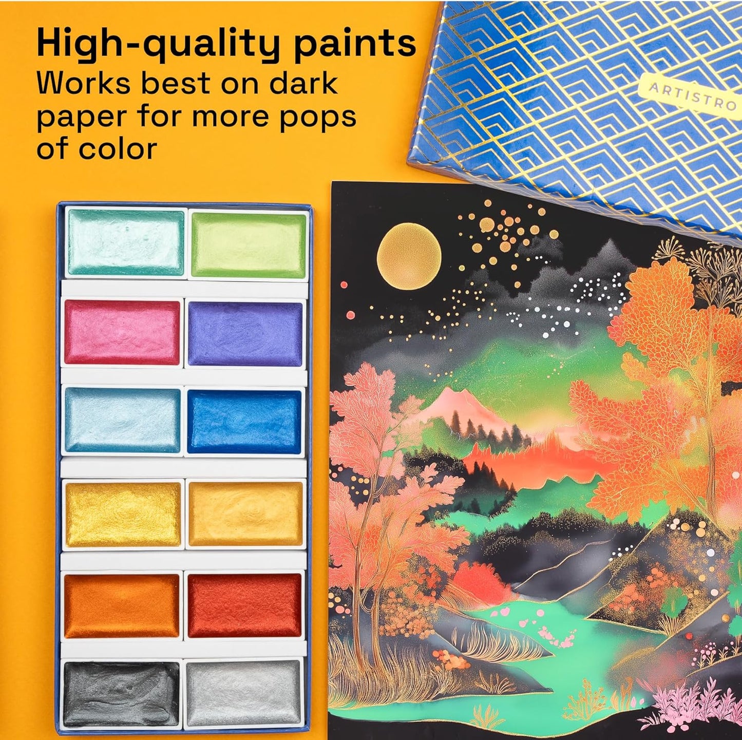 ARTISTRO Professional Metallic Watercolor Paint Set for Adults - 12 Pigment-Rich Metallic Colors, XL Pans, ASTM-I Lightfastness, High Tinting Strength Watercolor Set for Professionals made by professionals