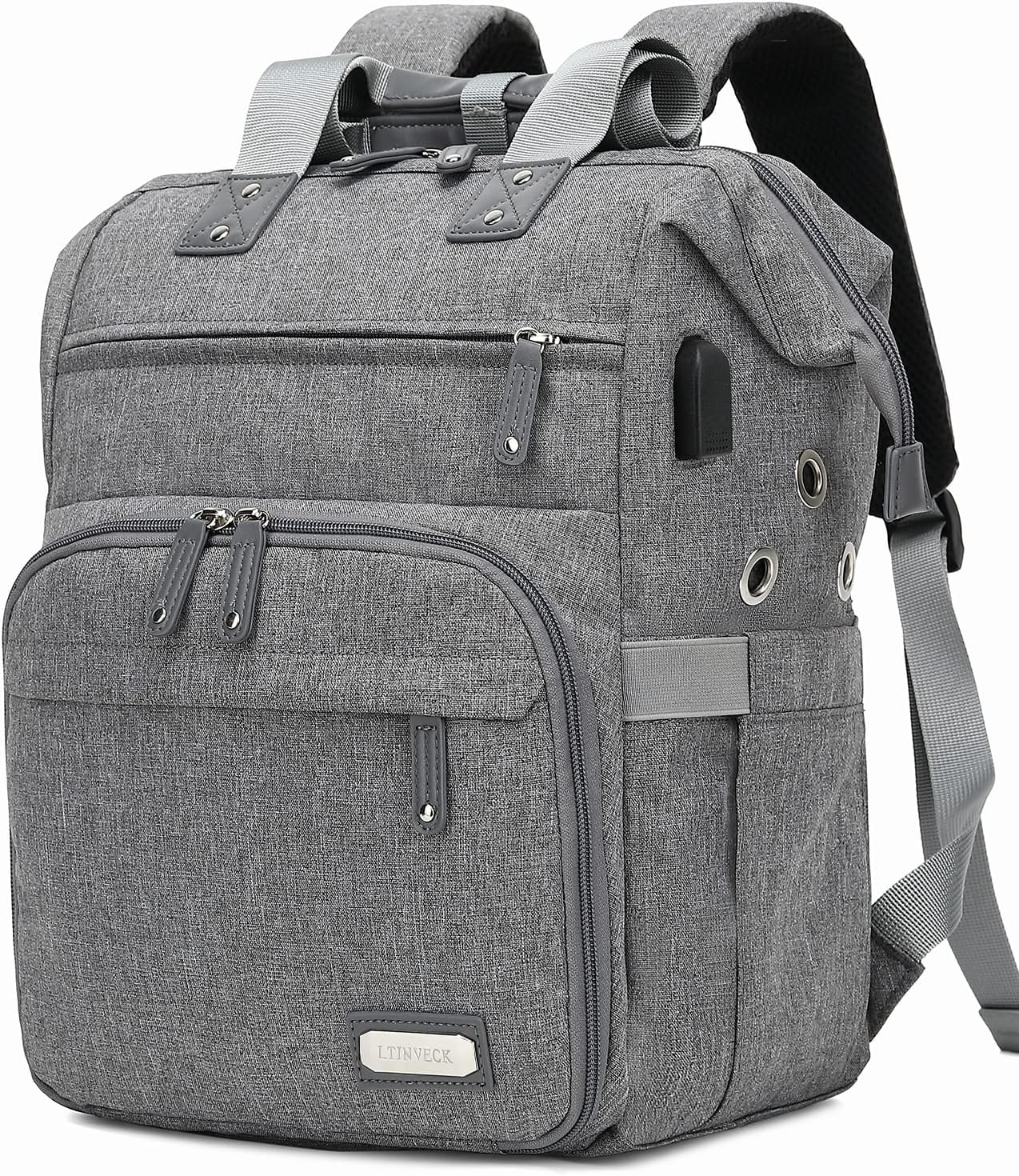 Knitting Bag Backpack Yarn Storage Organizer Travel Bag with USB Charging Port, Large Tote Bag Holder Case for Knitting Needles, Crochet Hooks, Accessories, Grey