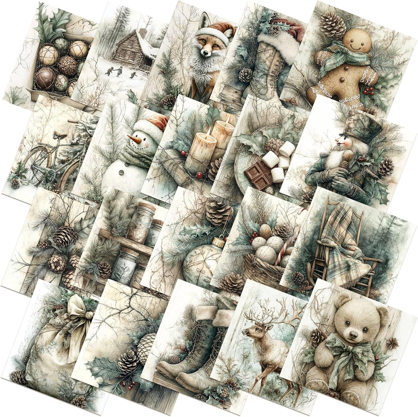 Ganeen 60 Pcs 10 x 10 Inch Vintage Green Christmas Quilting Fabric Squares Snowman Fat Patchwork Precut Strips Gingerbread Reindeer Fabric Bundles for Winter Xmas DIY Craft Sewing Handmade Material