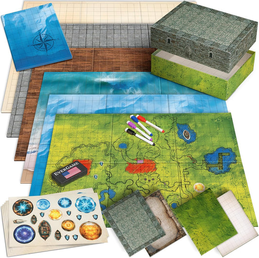 10 DND Game Mats and a lot More - Includes 6 Dungeons & Dragons Board Game Battle Maps (1" Square Grid), Huge Size 22x26-4 3D Battle Arenas, 140+ Reusable Stickers, 4 Markers & Eraser, by EverGame