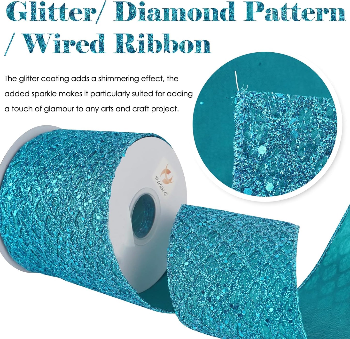 HUIHUANG Turquoise Glitter Wired Ribbon 4 inch Teal Christmas Tree Ribbon Diamond Mesh Wire Ribbon for Tree Decorations, Wreaths, Garland, Large Bows Making, Home Decor -10 Yards