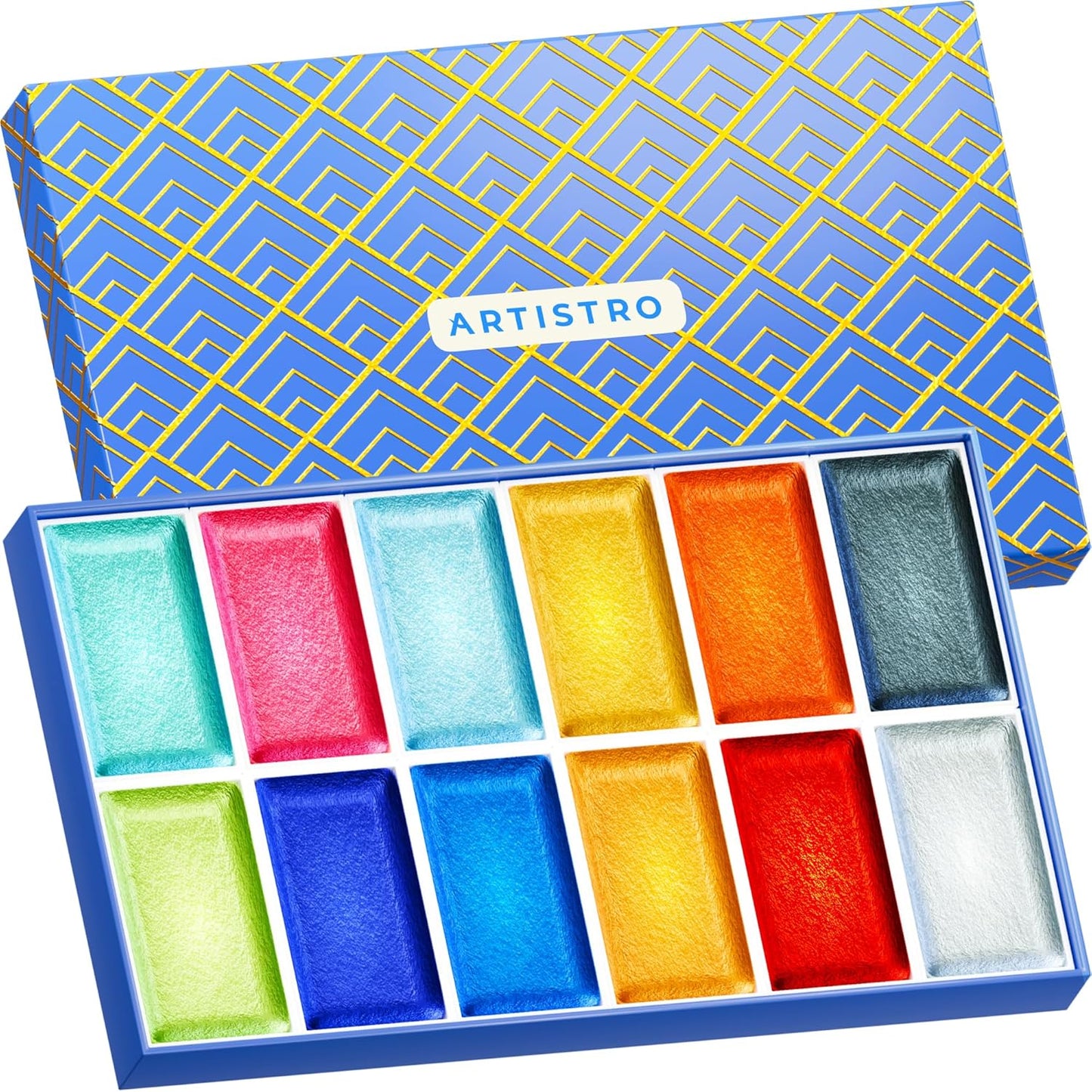 ARTISTRO Professional Metallic Watercolor Paint Set for Adults - 12 Pigment-Rich Metallic Colors, XL Pans, ASTM-I Lightfastness, High Tinting Strength Watercolor Set for Professionals made by professionals