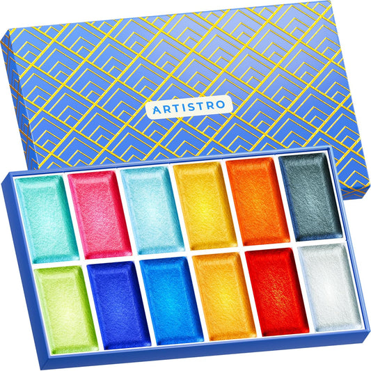 ARTISTRO Professional Metallic Watercolor Paint Set for Adults - 12 Pigment-Rich Metallic Colors, XL Pans, ASTM-I Lightfastness, High Tinting Strength Watercolor Set for Professionals made by professionals