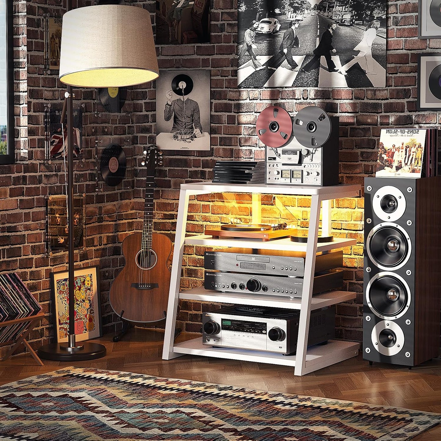 Armocity 4-Tier AV Media Stand with Power Strips, Stereo Stand with LED Lights, Audio Tower Rack with Adjustable Shelves, Small Entertainment Center, 30'', White