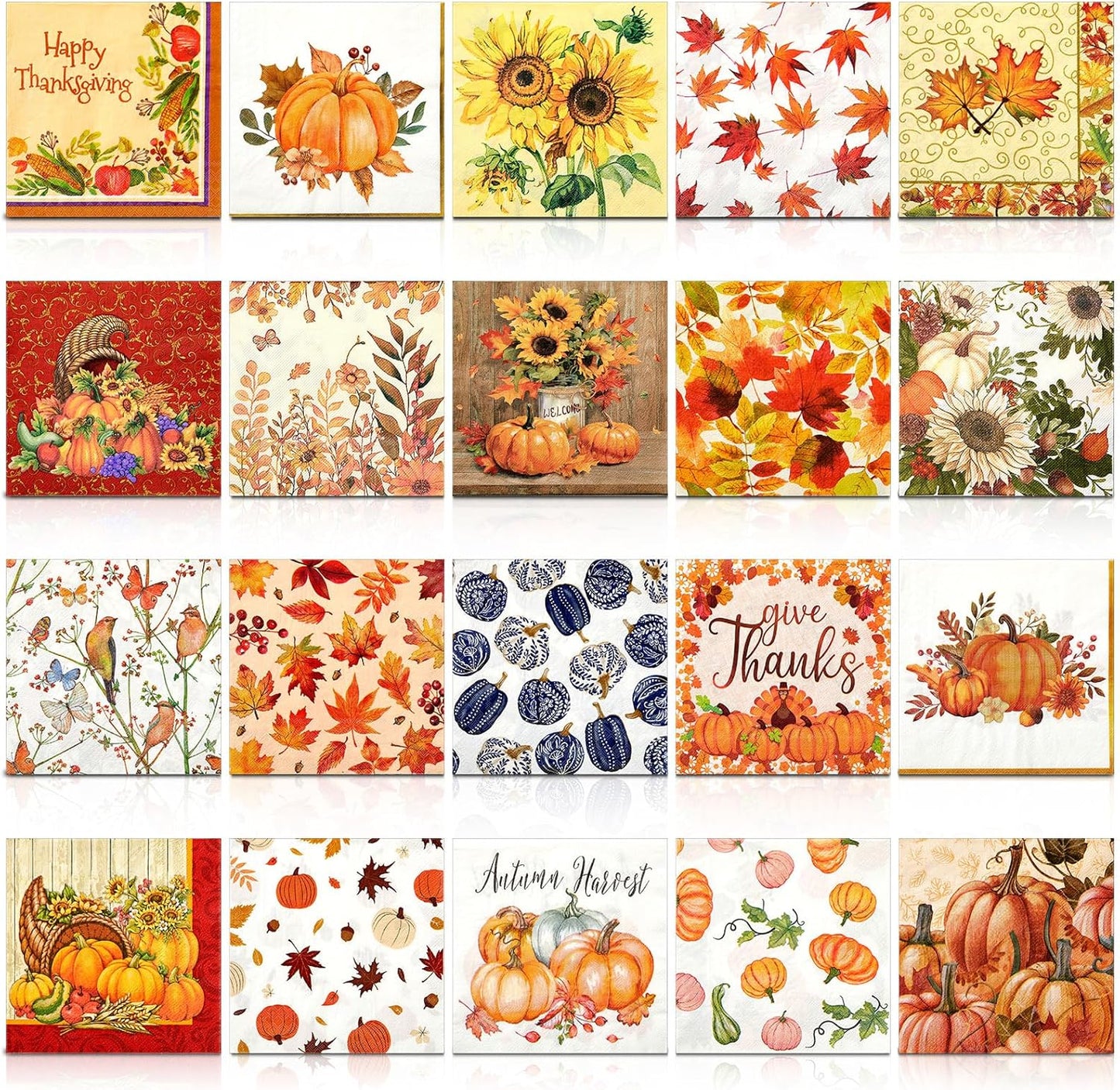 Crtiin 20 Pack Fall Decoupage Napkins Autumn Napkins Floral Pumpkin Maple Leaf Decorative Paper for Thanksgiving Harvest Birthday Party Beautiful Gorgeous, 20 Styles Each 6.5 Inches