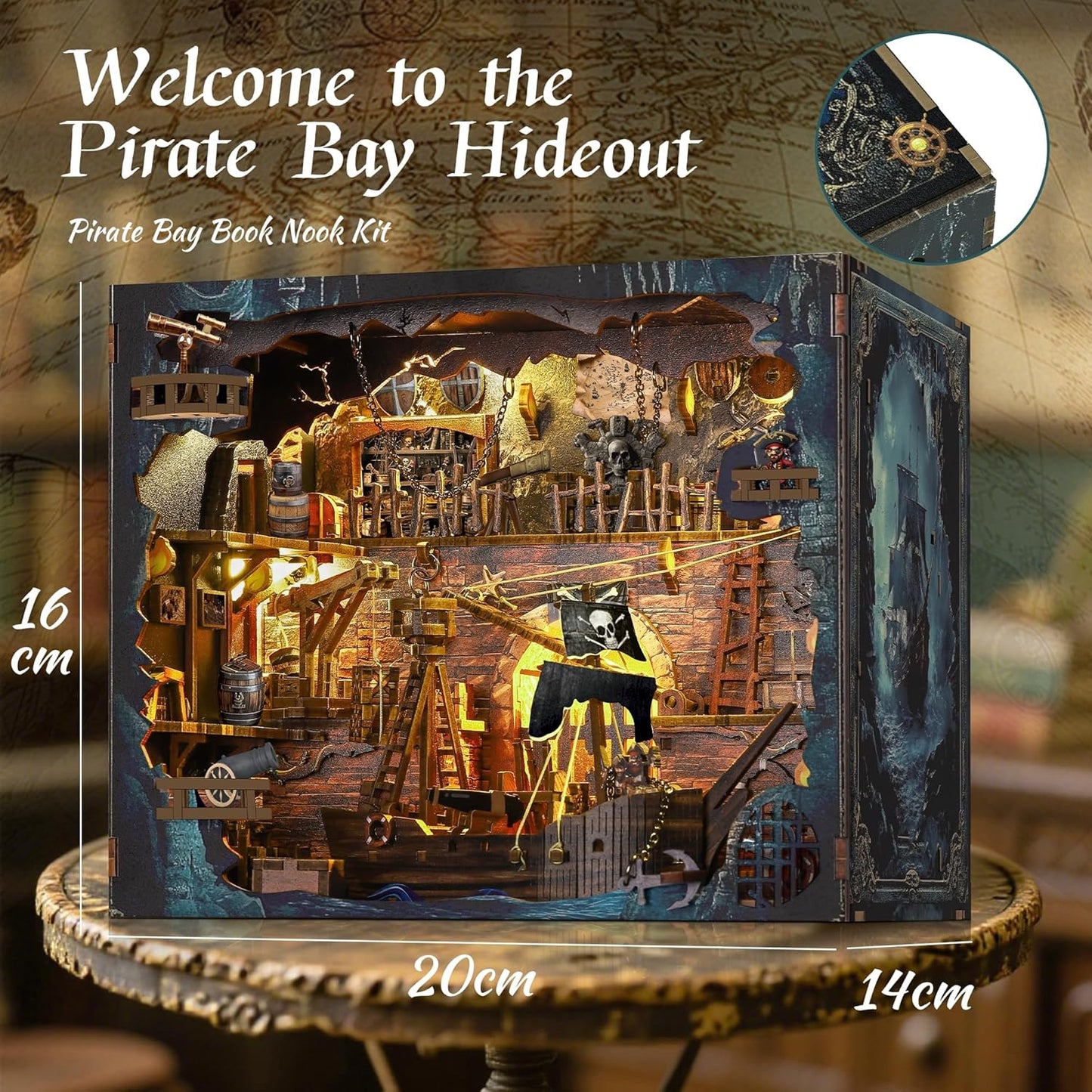 Book Nook Pirate Kit - DIY Miniature House Kit for Adults, Teens, Dollhouse Booknook Bookshelf Insert Decor with LED Light, 3D Wooden Puzzle Gifts for Family, Friends