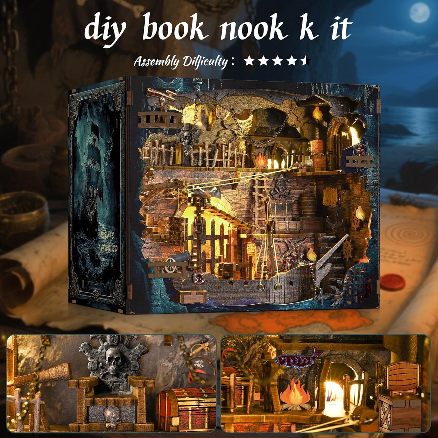 Book Nook Pirate Kit - DIY Miniature House Kit for Adults, Teens, Dollhouse Booknook Bookshelf Insert Decor with LED Light, 3D Wooden Puzzle Gifts for Family, Friends