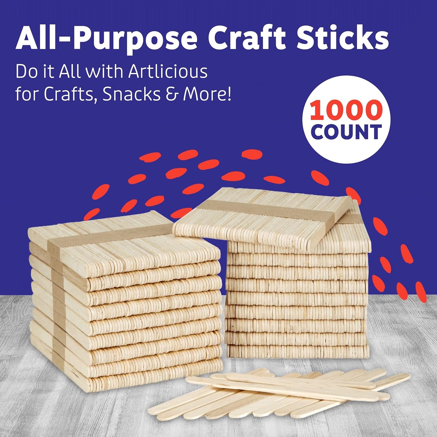 Artlicious 1000 Pcs Wooden Craft Sticks – Food-Grade Popsicle Sticks for Crafts & ice Cream Sticks – Wooden Sticks for Crafts, Wood Craft Sticks, Popsicle Sticks Bulk (Natural, 4.5" x 3/8")