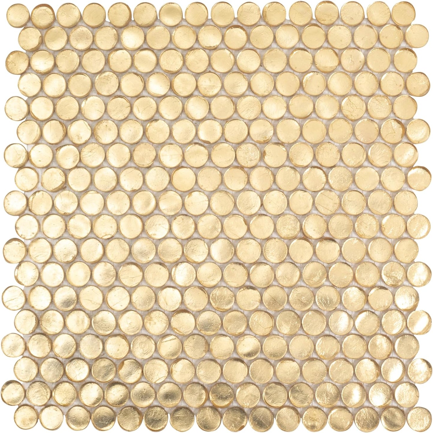 Box of 10 Glossy Gold Glass Penny Round Mosaic Tiles – 12.2" x 12.2" Mesh-Mounted Sheets, 10.34 Sq Ft, Not Peel & Stick - Kitchen Backsplash, Shower Wall, Bathroom, Fireplace, Interior Decor