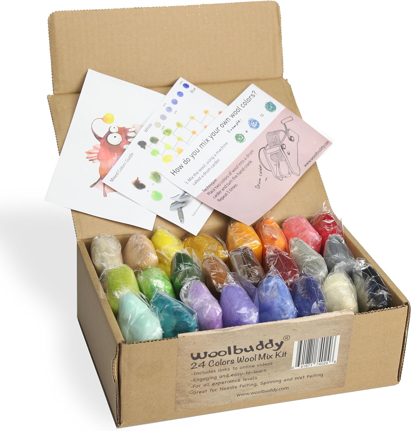 Woolbuddy Felting Wool Kit - 24 Vibrant Merino Wool Colors for Needle Felting, Wet Felting, and Crafts