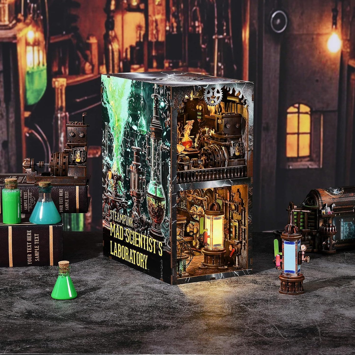 Book Nook Kit - DIY Miniature House Dollhouse Kit for Adults and Teens, Steampunk Booknook Tiny House Bookshelf Decor 3D Wooden Puzzle (Mad Scientist Lab)