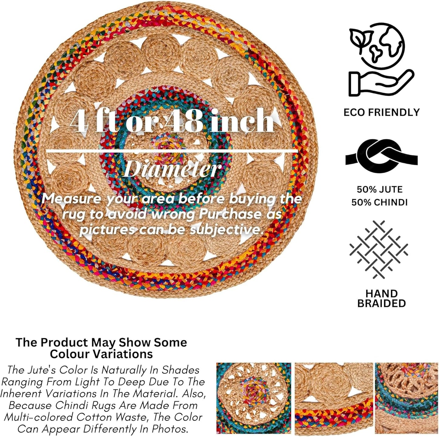 4' Round Handwoven Jute Chindi Area Rug - Colorful Boho Rugs for Living Room - Hand Braided Multicolor Bohemian Rug for Farmhouse, Bedroom, Dining Room, Classroom, Hallway, Kitchen, Office