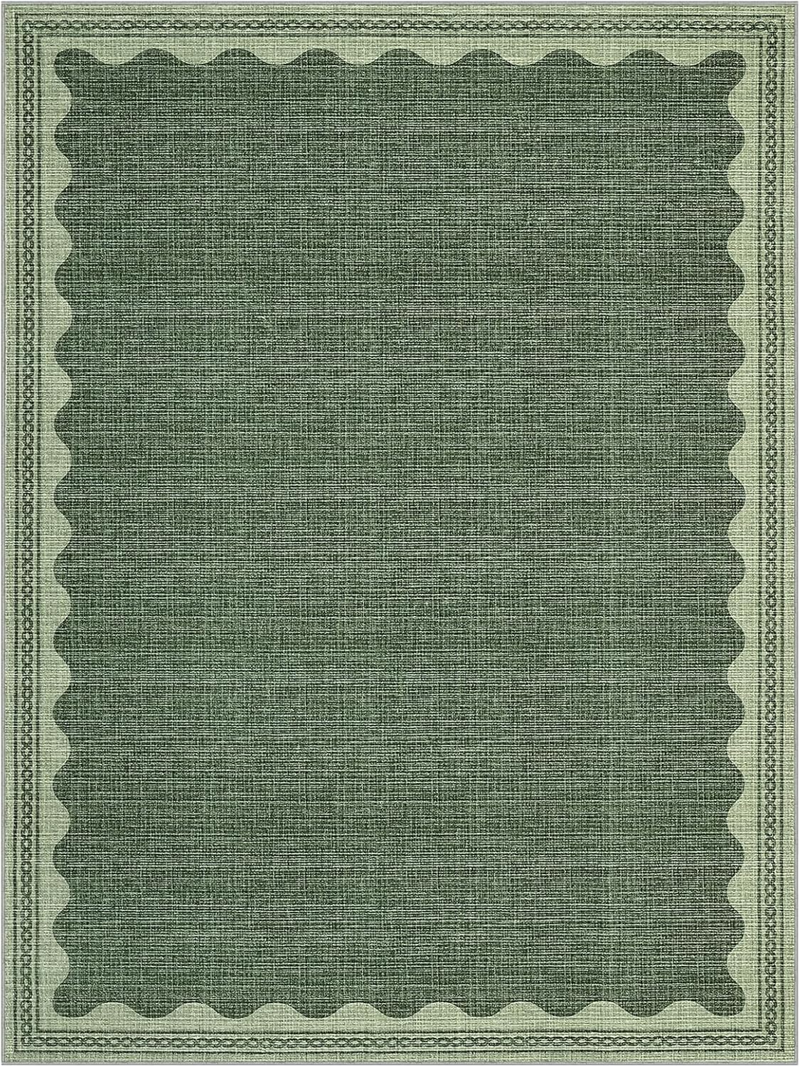 Scalloped Washable Rug 8x10 Area Rugs for Living Room, Solid Green Rug for Bedroom Girls, Non Slip Throw Carpet with Rubber Back, Soft Dorm Nursery 8x10 Rugs for Dining Room