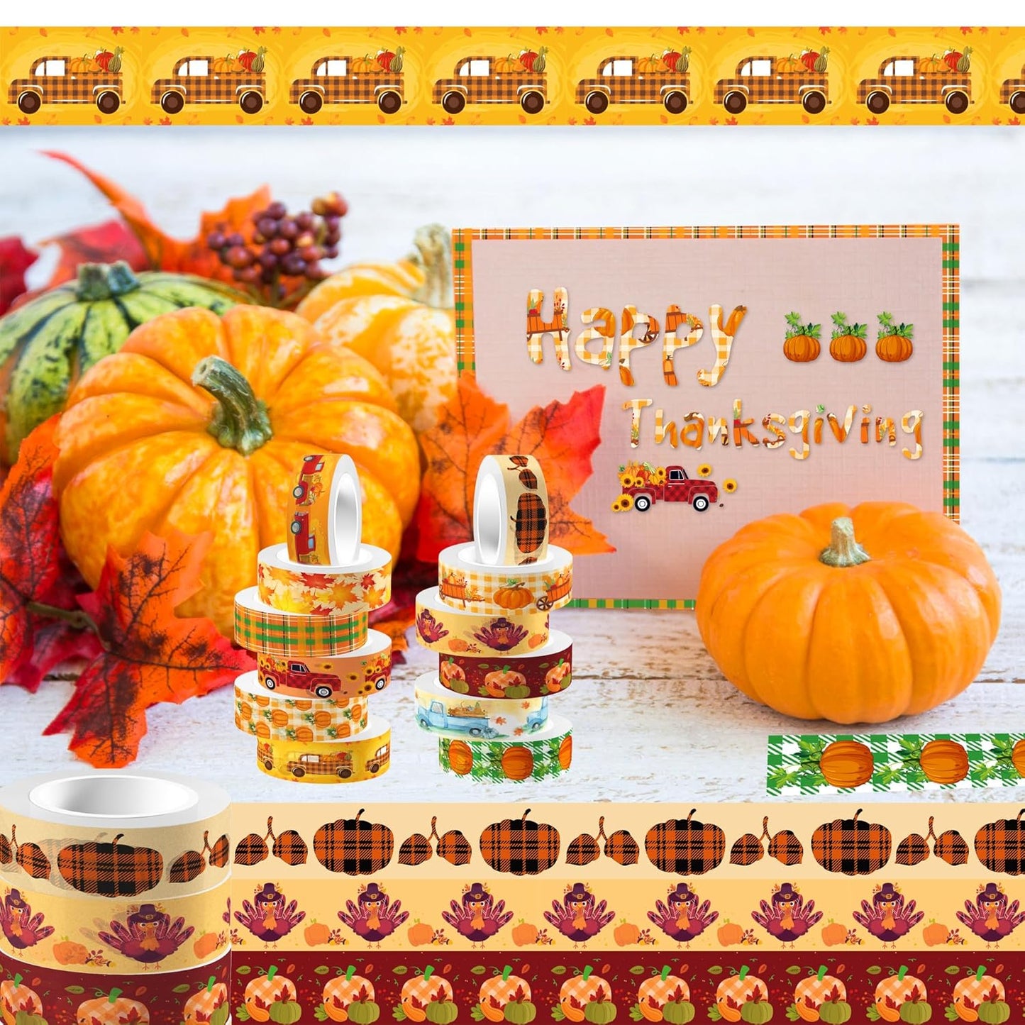 12 Pcs Thanksgiving Print Masking Tape Fall Maple Leaf Washi Tape Pumpkin Pattern Decorative Paper Sticker for Fall Party Holiday Scrapbook DIY Craft Gift Wrapping Handbook Sticker