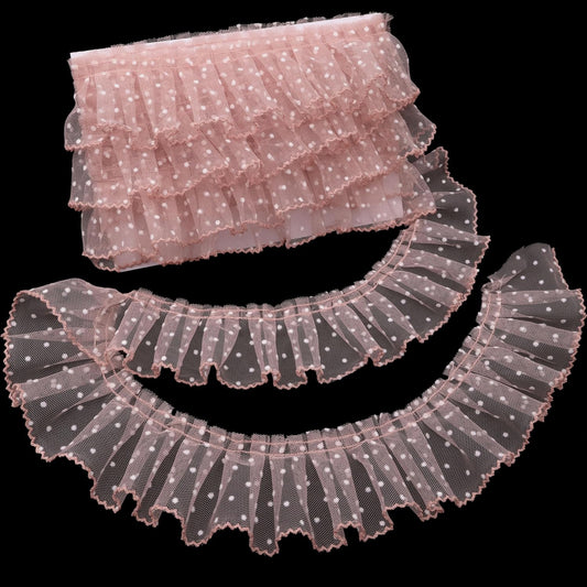 Dots Lace Ruffle Trim for Sew, Crafts 2.4" x5yd Single Layer Pleated Edge Lace Ribbon (Shellpink)