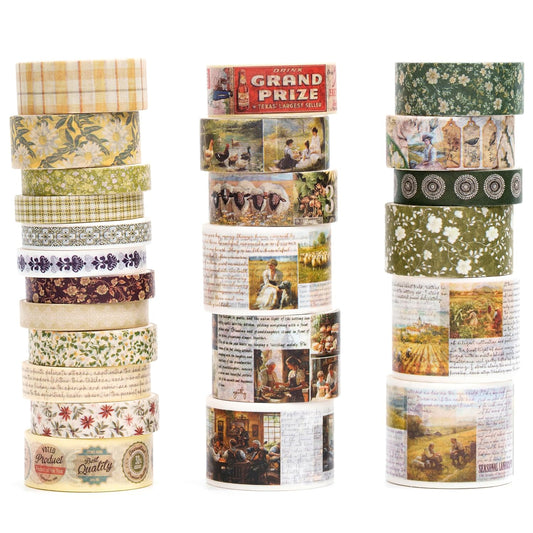 Vintage Washi Tape Set - 24 Rolls Arts Adhesive Tapes Assorted Retro Decorative Masking Tape Sets for Craft, Kids, Scrapbook, DIY, Gift Wrapping (10-Countryside Charm)