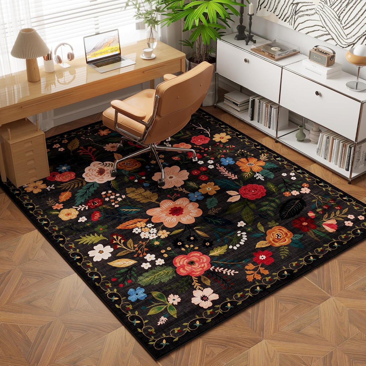 Rugcomf Bedroom Rug 3x5 Rug Washable Area Rug Non Slip Low Pile Boho Floral Small Carpet for Bedroom, Bedside, Kitchen, Entryway, Kids Room, Office, College Dorm Essentials for Girls(Black)