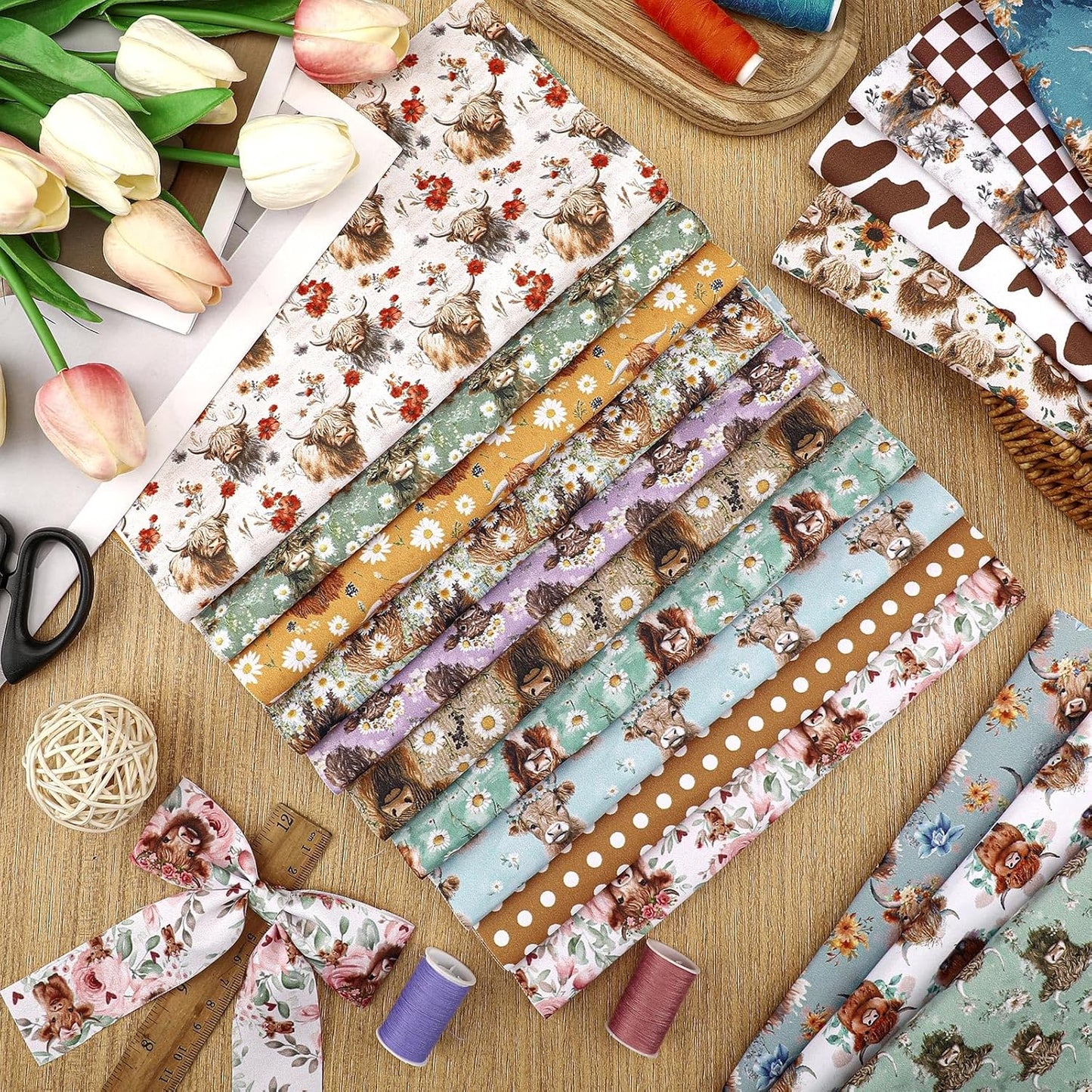 Ganeen 60 Pcs 10 x 10 Inch Highland Cow Quilting Fabric Squares Vintage Highland Cow Fat Patchwork Precut Strips Retro Multicolor Fabric Bundles for Holiday DIY Craft Sewing Quilt Material Handmade