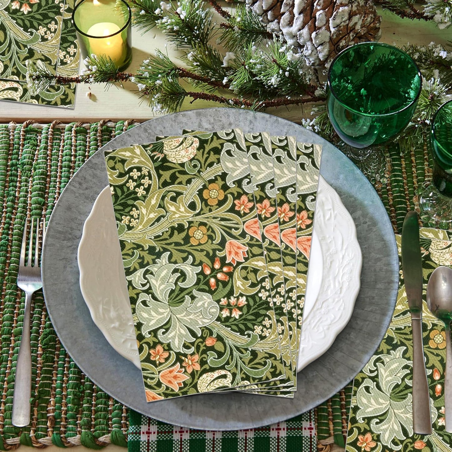 80PCS Vintage Floral Paper Napkins - 4.5x8 Inch Disposable Vintage Floral Guest Napkins, Green Retro Plants Wildflower Lunch Dinner Hand Napkins for Wedding,Tea Garden Party, Party, Bridal Shower