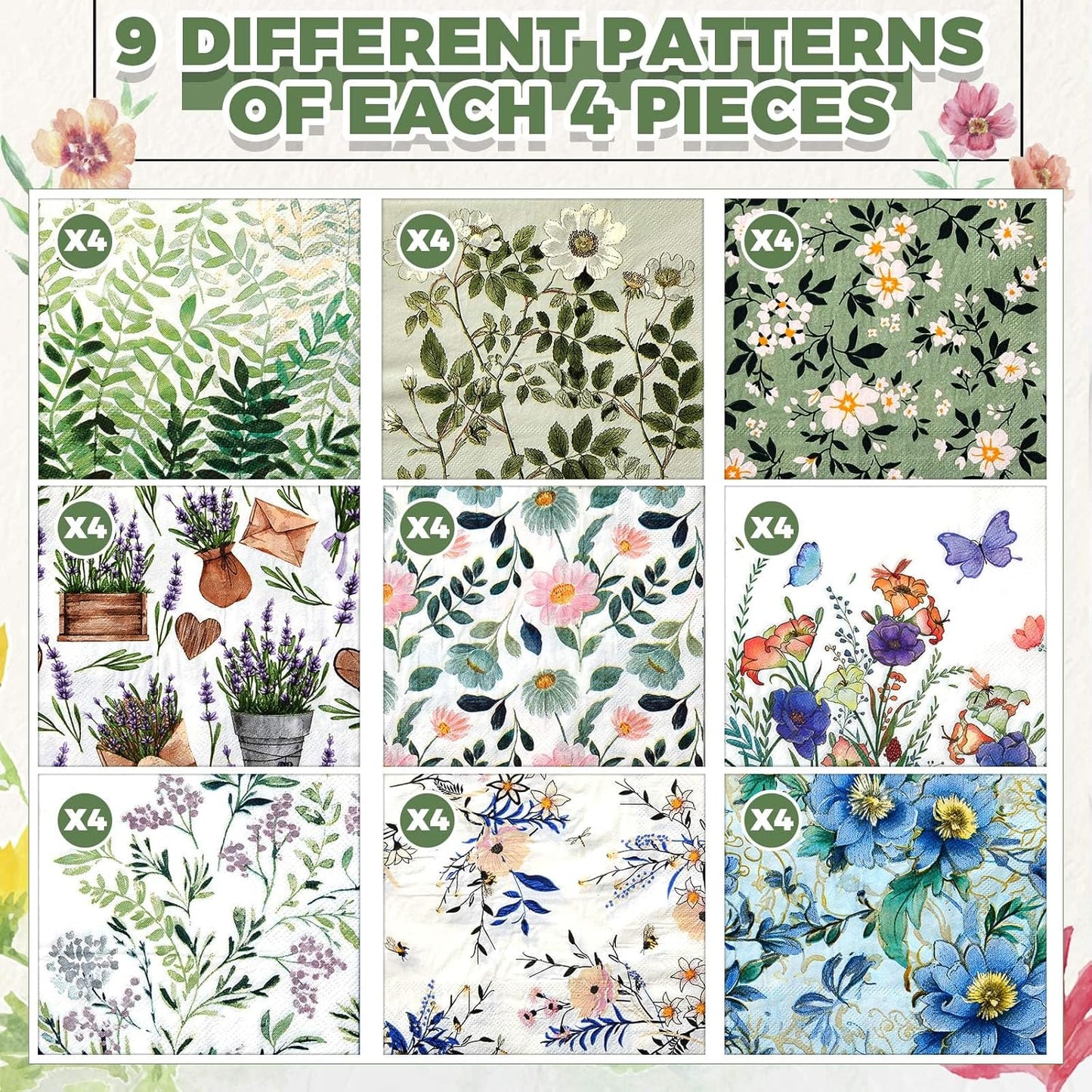 Crtiin 36 Pack 9 Styles Decoupage Napkins Assorted Floral Decorative Decoupage Napkins Chinoiserie Cocktail Paper for DIY Crafting Birthday Party, Each Unfolded 13 Inch(Fresh Plants)