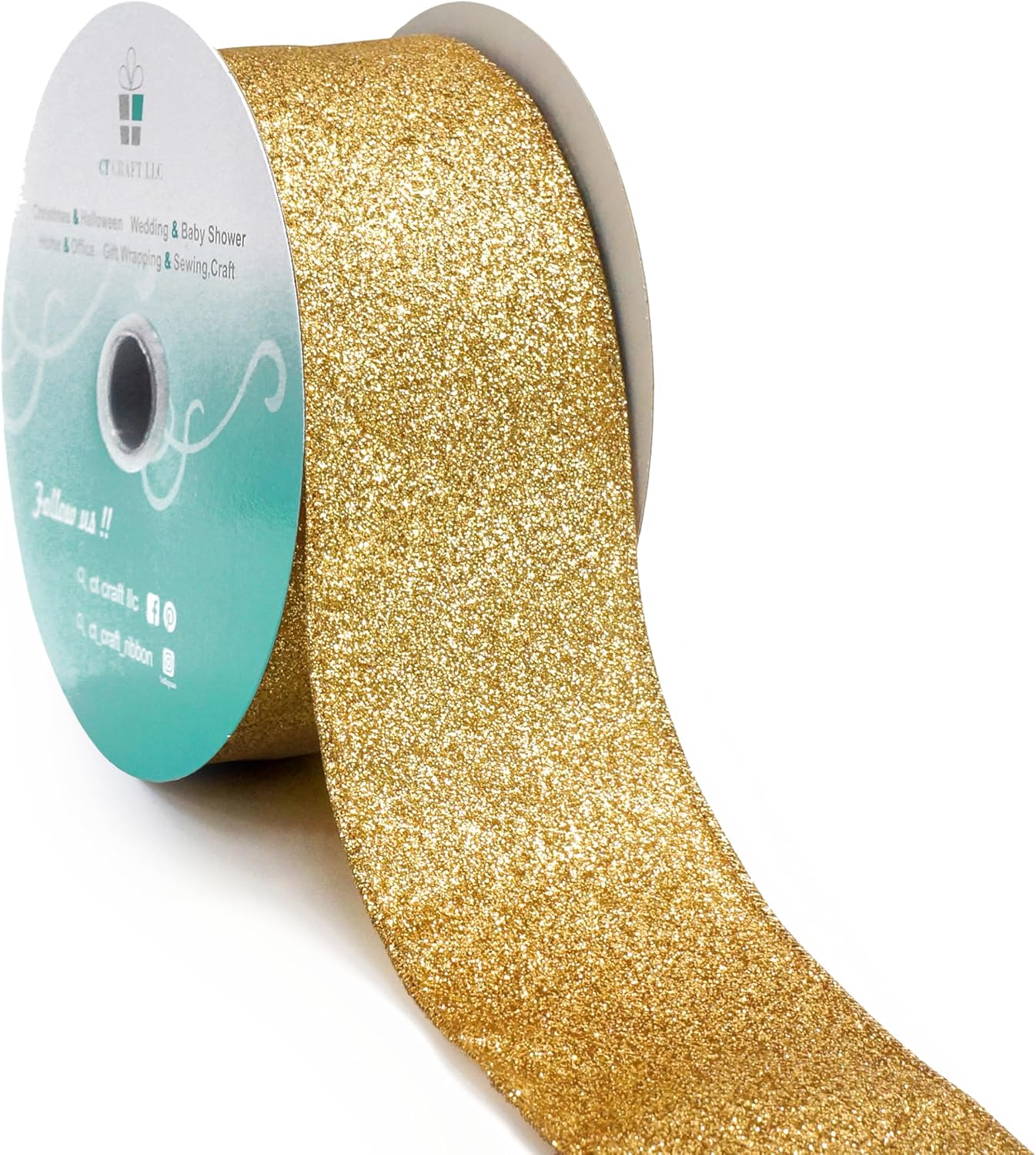 CT CRAFT LLC Glitter Wired Ribbon 2.5" x 20 Yards Yellow Gold for Christmas Home Decor Bow Gift Wrapping DIY Crafts Wreath
