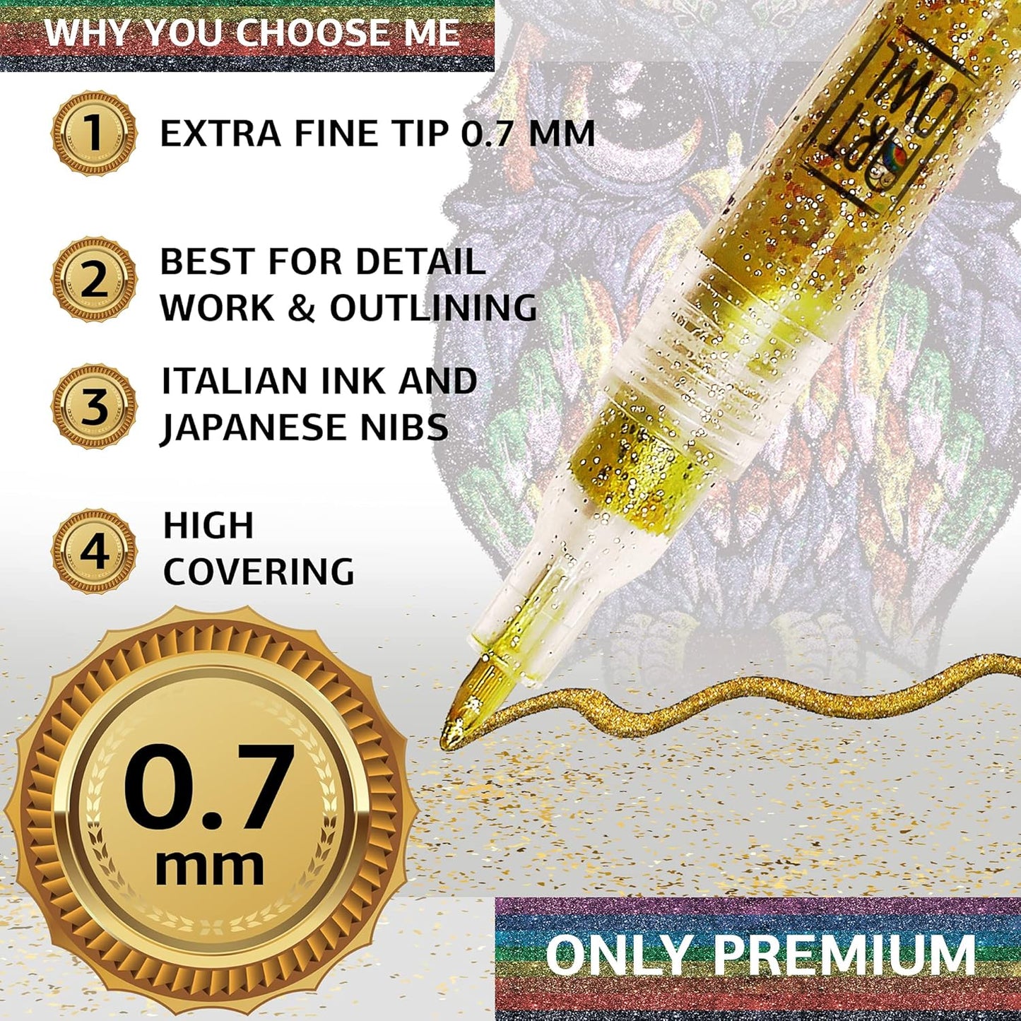 Acrylic Glitter Paint Marker Pens, Ultra Fine Point 0.7mm - Sparkle Paint Pens for Rock Painting, Stone, Ceramic Glass, Wood, Card Stock, Canvas, DIY Crafts - Set of 12