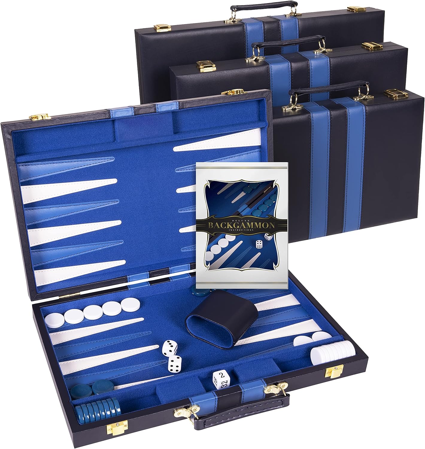 Backgammon Set 15 inch, Medium - Classic Board Game for Adults and Kids with Premium Leather Case - Includes Strategy & Tip Guide (Blue)