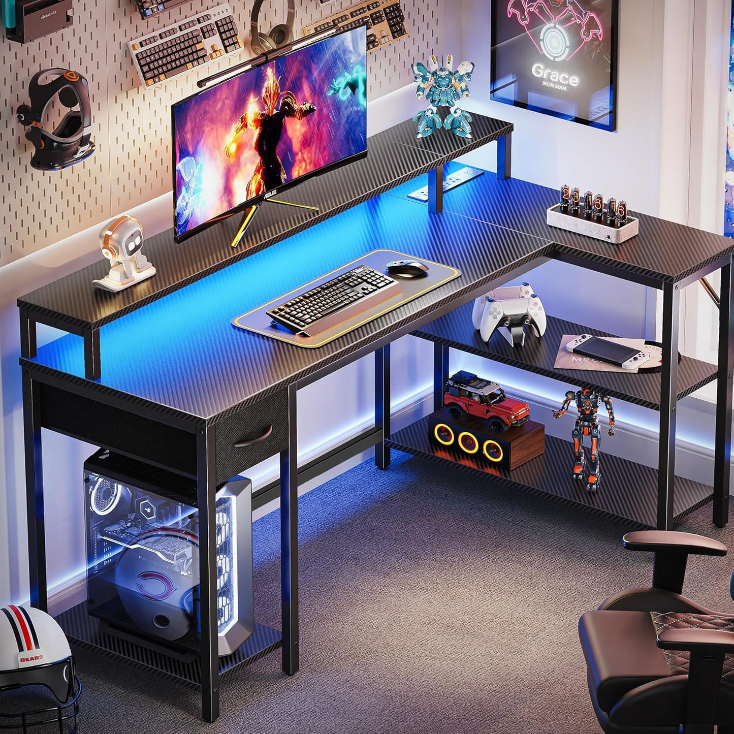 SUPERJARE 53 inch Reversible L Shaped Desk with LED Lights & Power Outlets, Computer Desk with Shelves & Monitor Stand, Gaming Desk with Drawer, Home Office Desk Corner Desk, Carbon Fiber Black