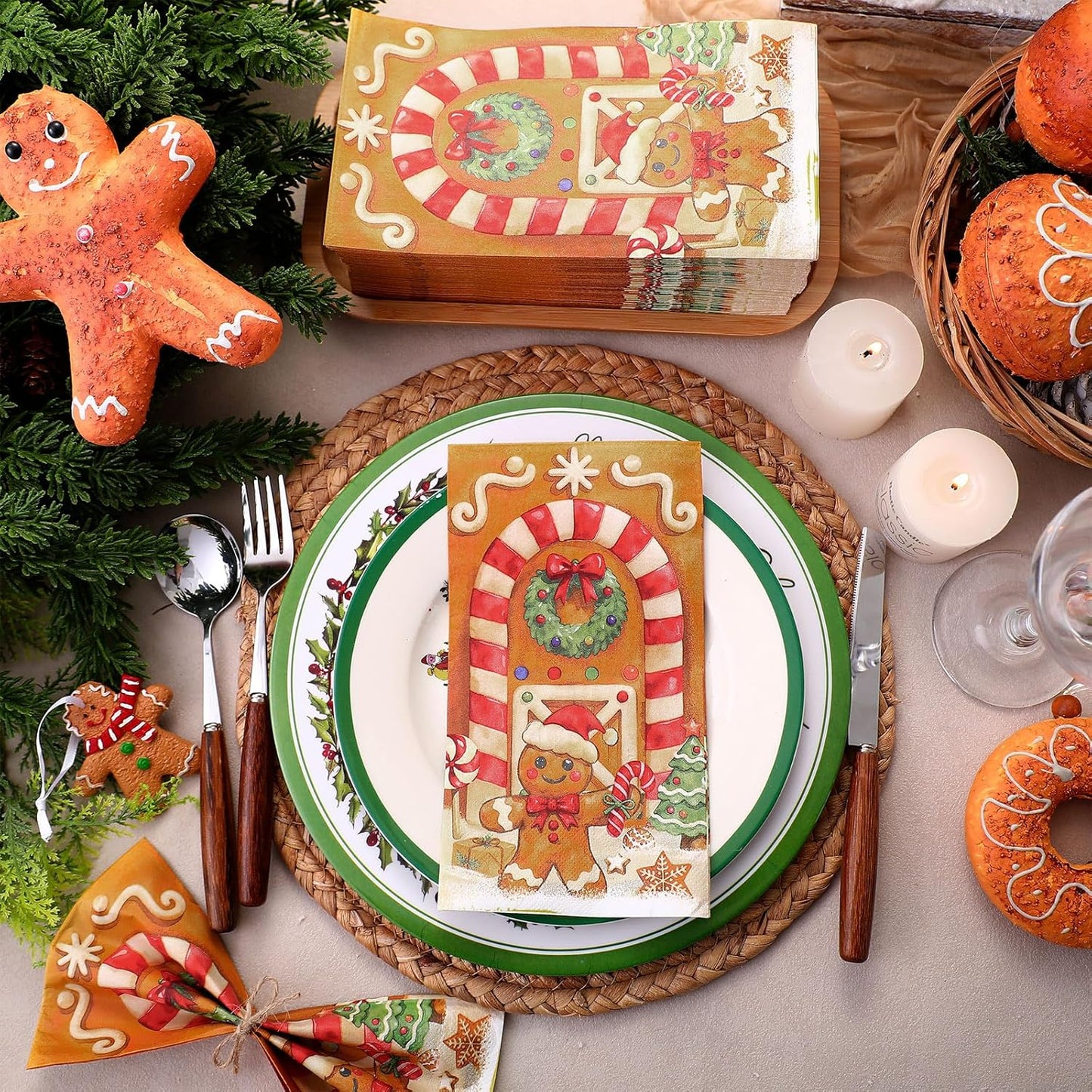 100 Pcs Christmas Guest Napkins 2 Ply Gingerbread Man Disposable Paper Napkins for Decoupage Xmas Tree Decorative Gingerbread Man Christmas Cocktail Guest Hand Towel for Party Table Dinner Bathroom