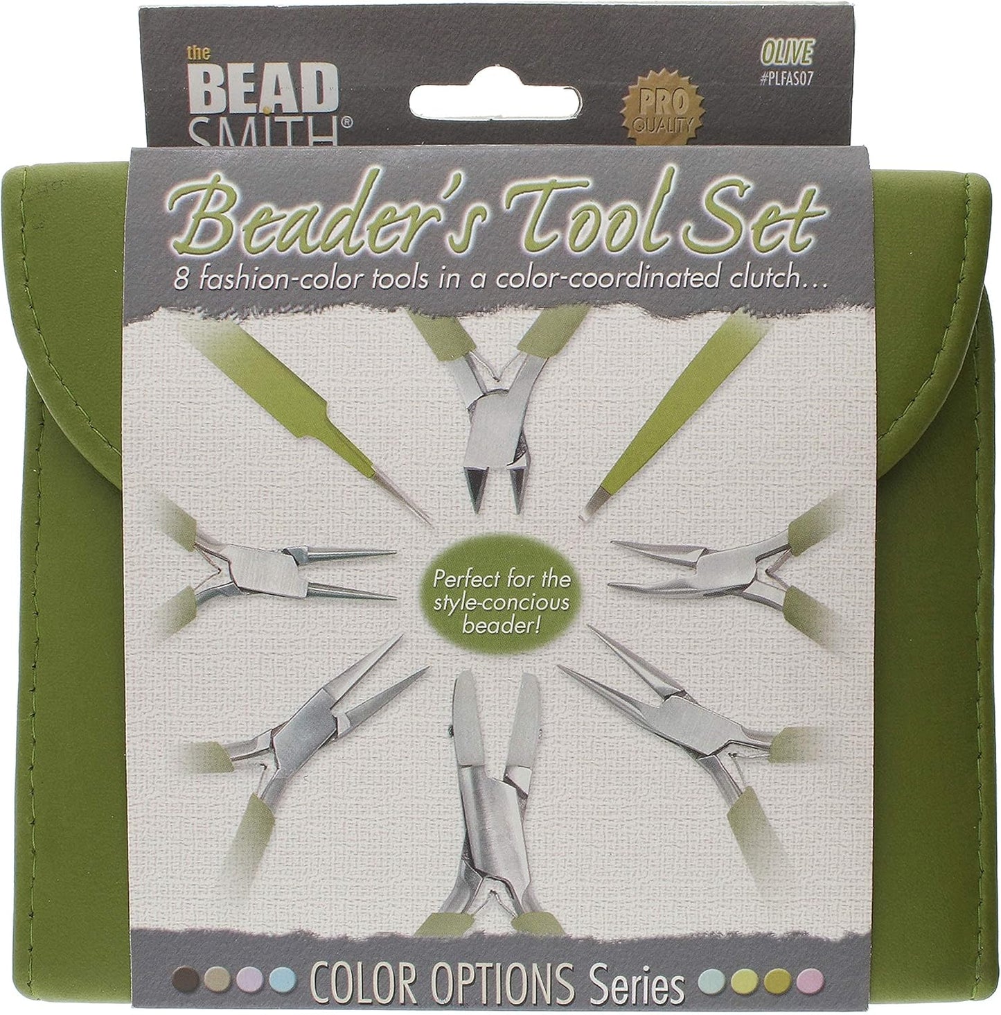 The Beadsmith Fashion Color Pliers – Set of 8 Slimline Color-Coordinated Tools – Matching Clutch in Olive – Jewelry Making Supply Kit to Create Necklaces, Bracelets, Earrings & More