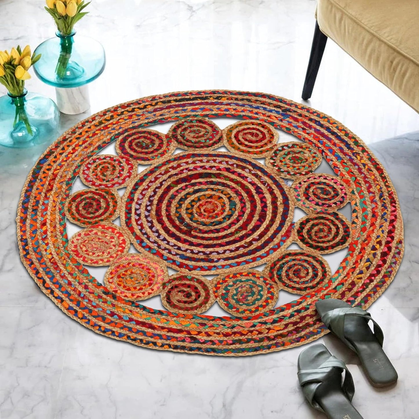 4' Round Handwoven Jute Chindi Area Rug - Colorful Boho Rugs for Living Room - Hand Braided Multicolor Bohemian Rug for Farmhouse, Bedroom, Dining Room, Classroom, Hallway, Kitchen, Office