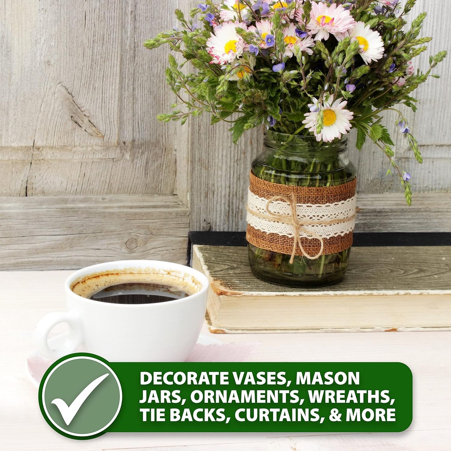 Mandala Crafts Burlap and Lace Ribbon 2 Inches Wide Jute Ribbons for Crafts - 20 Yds Roll Rustic Burlap Wrap Trim Ribbons for Wreaths Bows Wedding Party