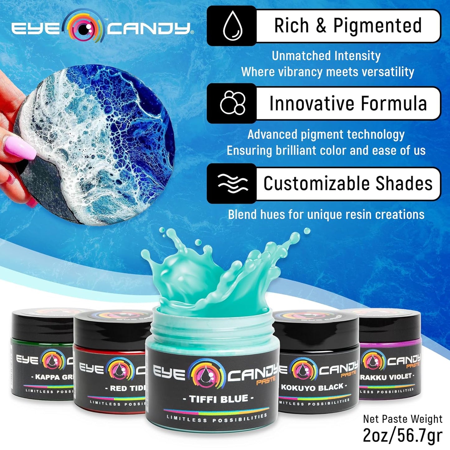 Eye Candy Turquoise Blue Pigment Paste Tiffi Blue (2 oz/RAL 6027) | Epoxy, Resin Art Paste | Highly Pigmented | Resin Art | Woodworking (Tiffi Blue)