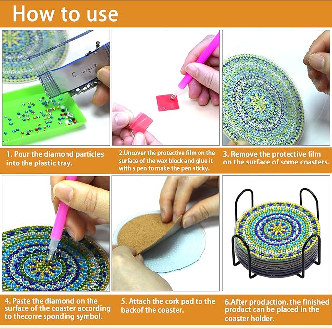 Diamond Art Coasters Kit with Holder, 8 Pcs Diamond Art Coasters for Adults Kids Beginners Crafts Gifts (Starry-Night)