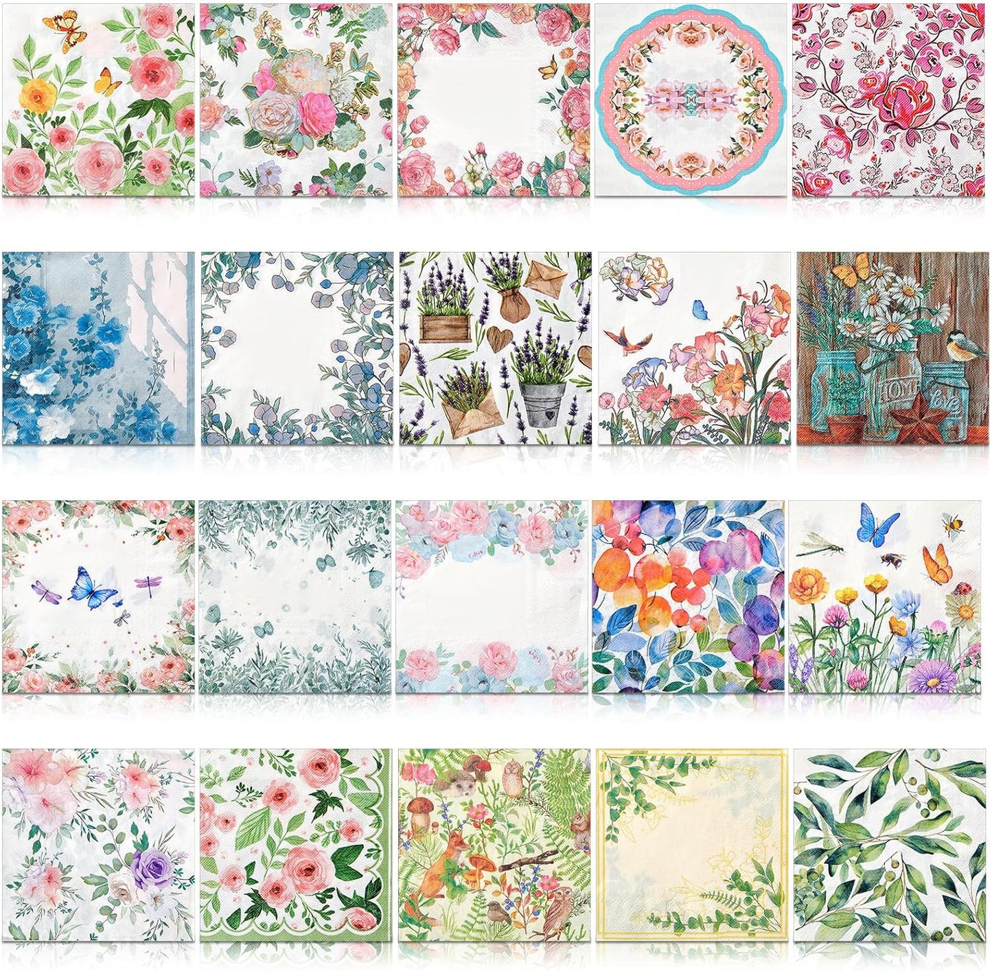 Crtiin 20 Pack Assorted Floral Napkins for Decoupage Toilet Napkins Flower Cocktail Decorative Paper for Birthday Party Beautiful Gorgeous, 20 Styles Each 6.5 inches(Style 6)