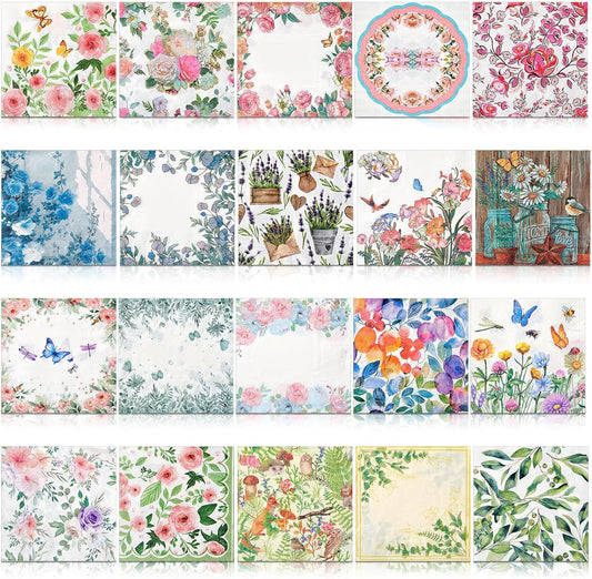 Crtiin 20 Pack Assorted Floral Napkins for Decoupage Toilet Napkins Flower Cocktail Decorative Paper for Birthday Party Beautiful Gorgeous, 20 Styles Each 6.5 inches(Style 6)