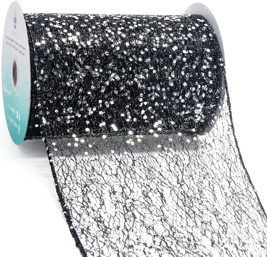 CT CRAFT LLC Sparkling Glitter Mesh Wired Ribbon 6" x 10 Yards Black for Christmas Home Decor Bow Gift Wrapping DIY Crafts Wreath