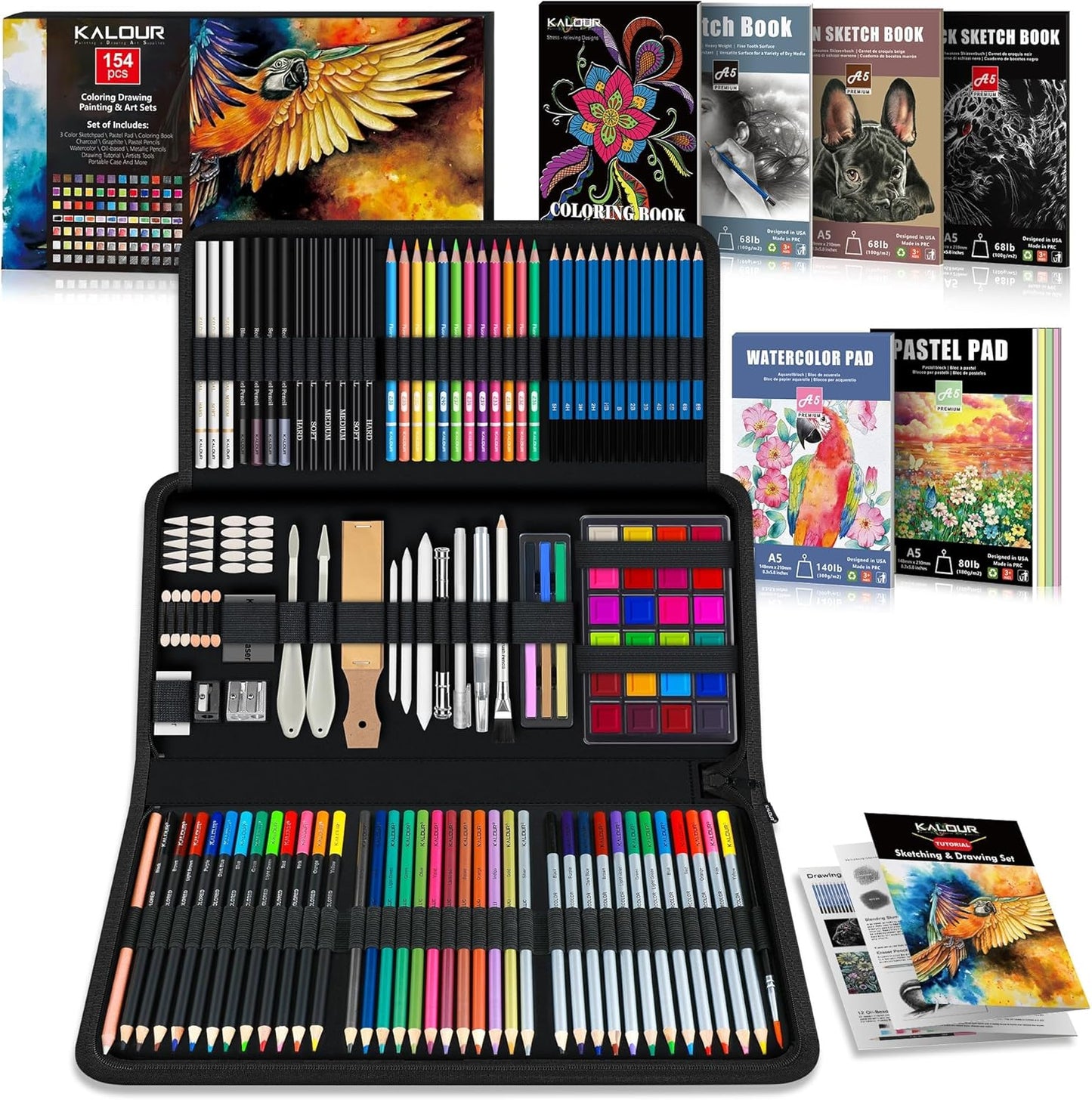 KALOUR 154PCS Artists Art Supplies - Drawing Kit with 6 Sketchbook,Tutorial,Coloring Paper - Graphite,Colored, Charcoal, Watercolor & Metallic Pencils - for Artists and Beginners