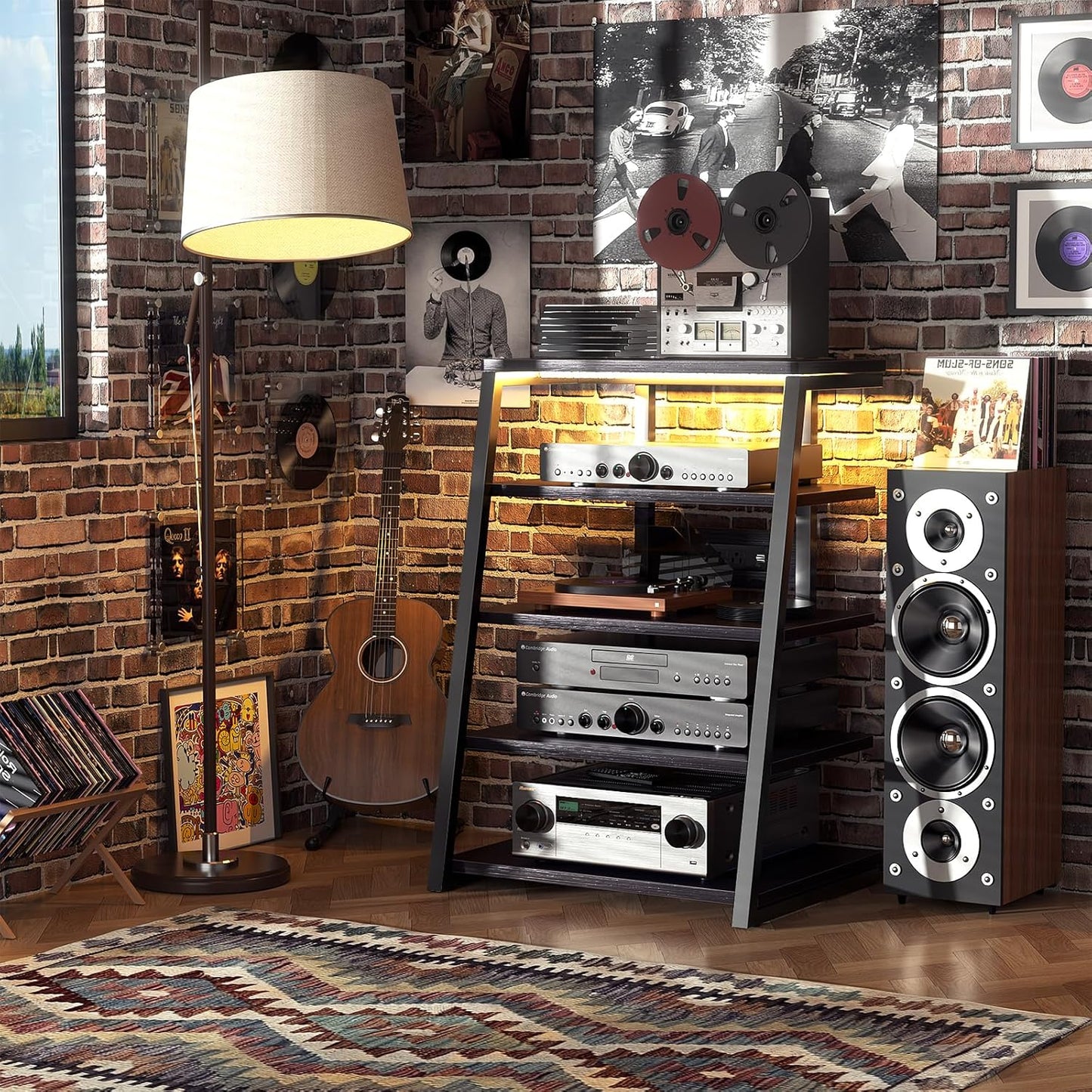 Armocity 5-Tier AV Media Stand with Power Strips, Media Console with LED Lights, Audio Tower Rack with Adjustable Shelves, Stereo Stands and Racks, 40.8'', Black Ebony