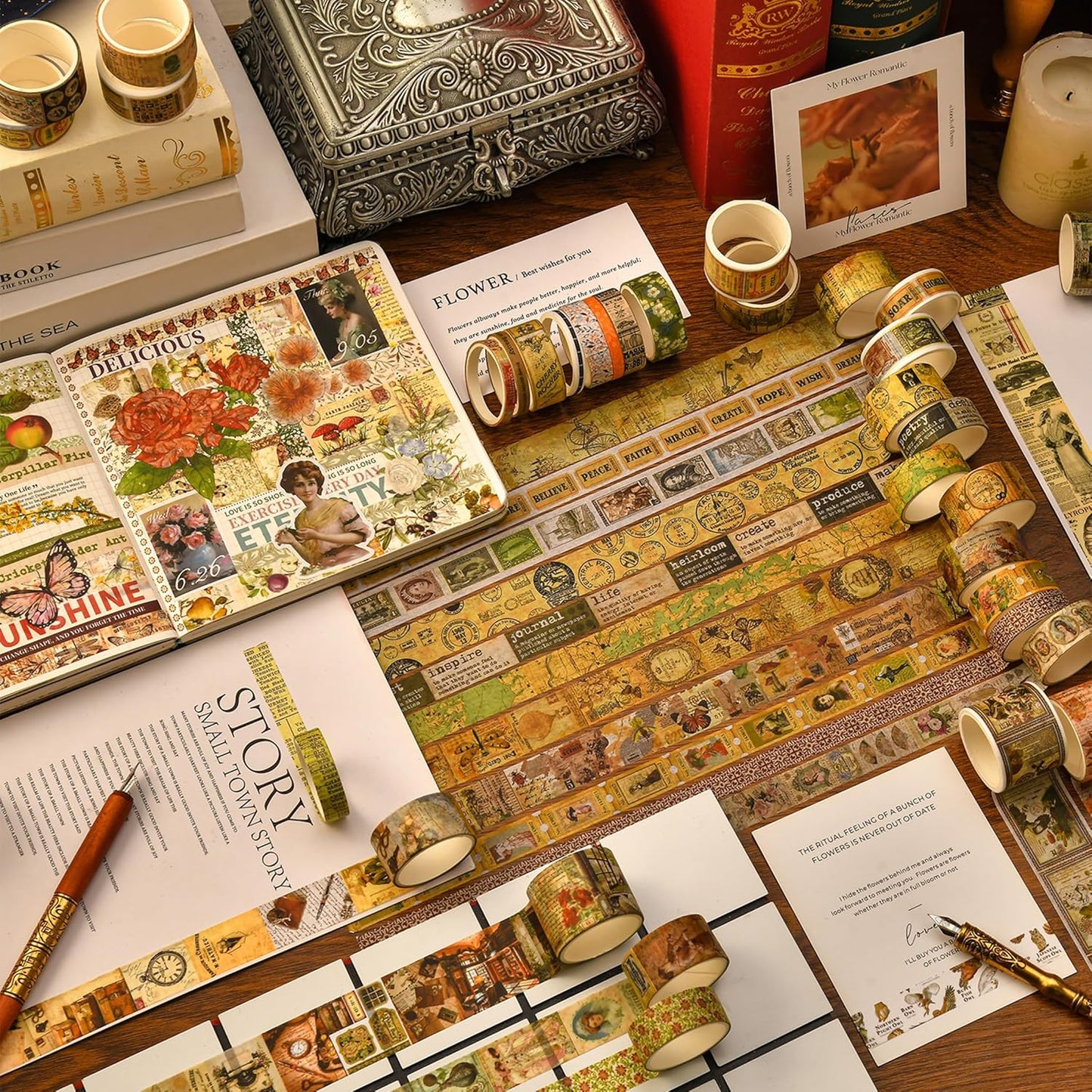 36 Rolls Vintage Washi Tape Pack Retro Arts Adhesive Tapes Wide Chronicle Decorative Masking Tape Sets for Craft, Kids, Scrapbook, DIY, Gift Wrapping (Black & White Light)