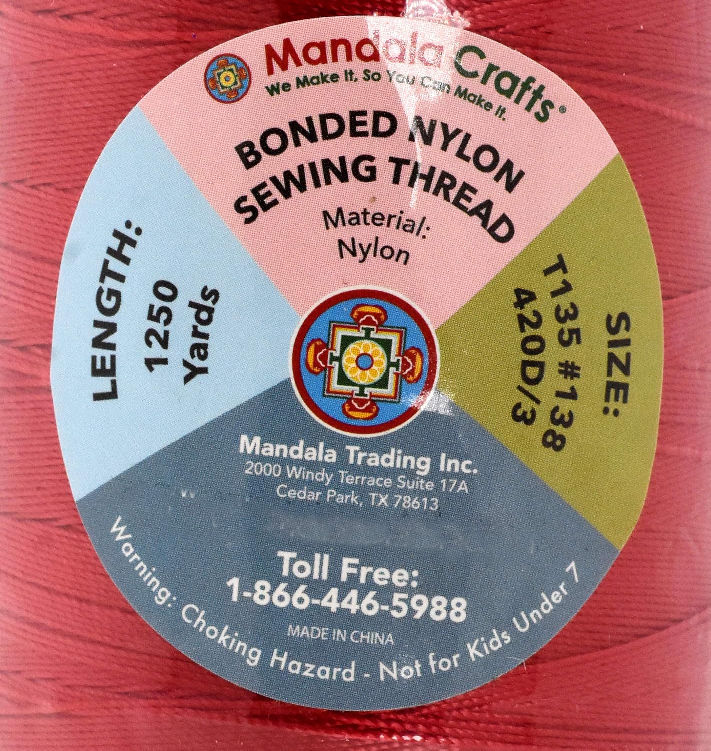 Mandala Crafts Bonded Nylon Thread Red Heavy Duty Sewing Threads - 1250 YDs Size 138 420D T135 Tex 135 Thread for Leather Jeans Weaving Outdoor Marine Upholstery Threads